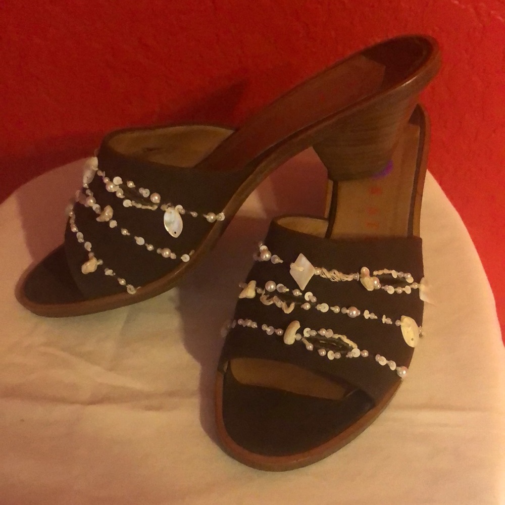 WALTER STEIGER Brown Canvas Sea Shells Open Toe HEELS SANDALS SLIDES Mules 8!